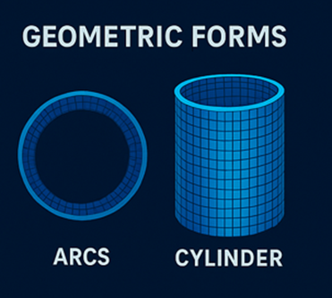 An illustrative diagram of geometric forms, showing a blue circular graphic labeled 'ARCS' and a blue cylindrical graphic labeled 'CYLINDER'.