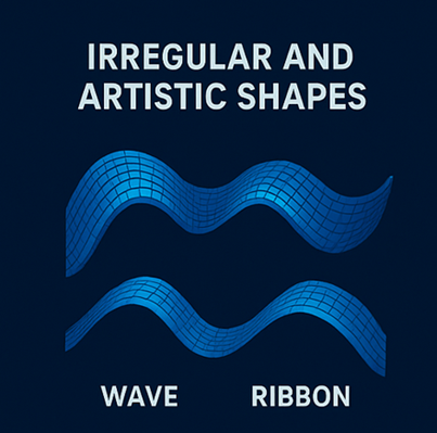 A diagram of irregular and artistic shapes, showing two blue, grid-like graphics of flowing wave and ribbon forms.